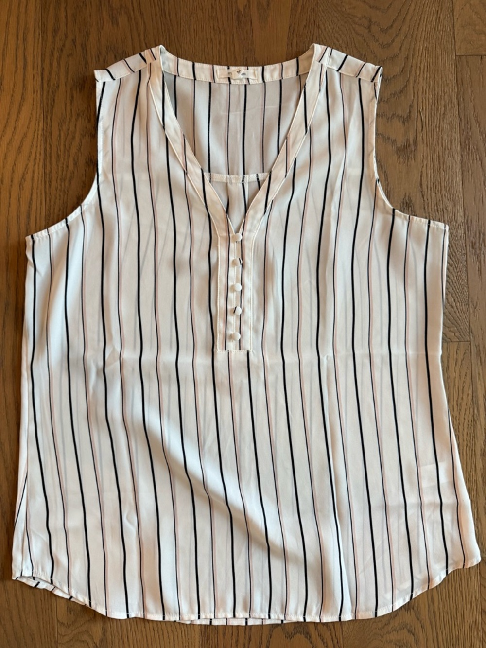 Maurice’s Sleeveless White, Blush, and Black Striped V-Neck Blouse
